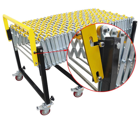Flexible Portable Conveyor Featuring Abs Rollers Adjustable 47 To 177 Inch, detailed view of end with caster wheels and yellow accents.