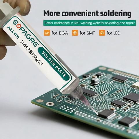 Top Shelf Lead Free Solder Paste For Phone Repair Smooth Glide Tin Bismuth Compound Heavy Duty Push Tube Formula Strong Hold Crisp Finish Rapid Bond Flux For Mobile Tech Crew applied to a circuit board.