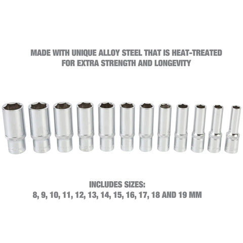 Deep Well Socket Set Three Eighths Inch Drive, Twelve-Piece Metric Socket Set 8mm To 19mm displayed in a line.