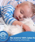 Child peacefully sleeping with a stuffed toy, showcasing Real Deal Leak Proof Cover 100 Pack Jumbo Bed Underpads 36X36 Inch Hella Thick Heavy Duty Absorbent Waterproof Sheets For Adult Incontinence And Puppy Pee Training Cleanup Jobs.