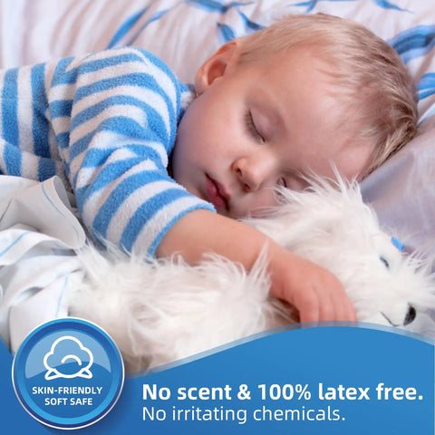 Child peacefully sleeping with a stuffed toy, showcasing Real Deal Leak Proof Cover 100 Pack Jumbo Bed Underpads 36X36 Inch Hella Thick Heavy Duty Absorbent Waterproof Sheets For Adult Incontinence And Puppy Pee Training Cleanup Jobs.