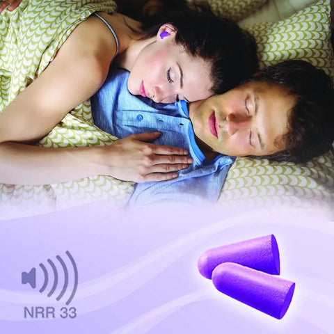 Couple sleeping with Soft Foam Ear Plugs Softies For Sleeping And Snoring, Travel, Work, And Shooting 33 dB NRR Made In USA