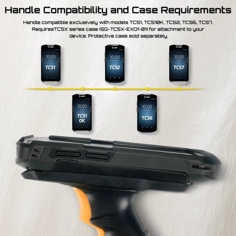 Trigger Grip Handle For TC51 Series Handheld Barcode Scanner, ergonomic design, shown with compatible device models