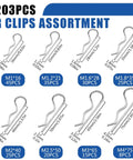 203-piece R clips assortment with varied sizes and dimensions, part of 365 Piece Trailer Hitch Pin Kit With Heavy Duty Cotter Pins.