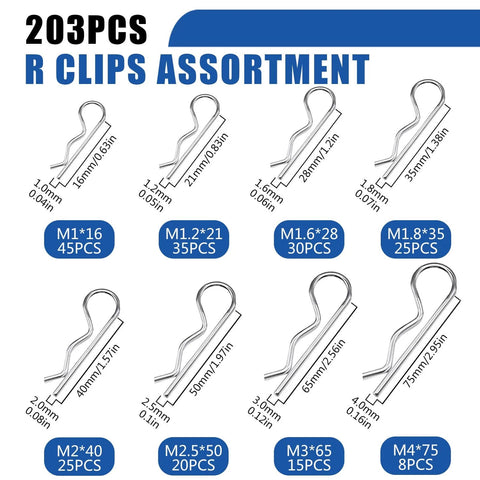 203-piece R clips assortment with varied sizes and dimensions, part of 365 Piece Trailer Hitch Pin Kit With Heavy Duty Cotter Pins.