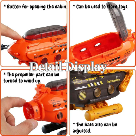 Rad Submarine Toy For Kids With Robotic Arms Adjustable Base Foldable Design Transformable Shapes Deep Sea Probe Action Realistic Drill And Pliers Bright Orange Build, showing detail display of cabin button, storage, propeller, and adjustable base.
