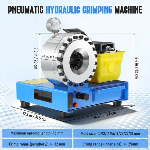 Heavy Duty Pneumatic Hydraulic Hose Crimper With Eight Interchangeable Dies For 3/8 To 1-1/4 Inch Hoses Pumping Out 40MPa displayed with technical specifications.