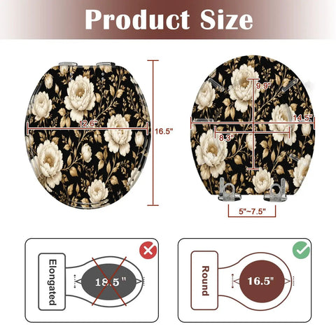 Round Peonies roses Floral vintage seamless Gold white flowers Toilet Seat dimensions 16.5" by 12.6" with measurement guide.