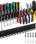 2 Pack Screwdriver Organizer Wall Mount Set With 28 Tool Capacity 14 Top And Bottom Holes Per Holder Metal Pliers Organizer Fifteen Point Eight Inch Long Space Saving Storage For Garage Workshop And Home Workbench showing tools arranged.