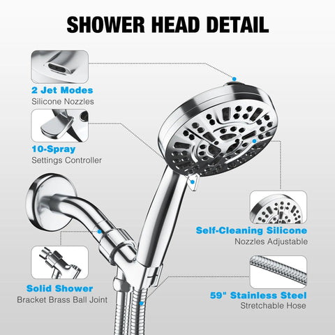 High Pressure Handheld Shower Head With 8 Massage Settings And 2 Jet Modes, 5.04 Inch Large Head, stainless steel hose