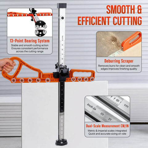 Pro Grade Drywall Cutter With Dual Bearing System Foldable Frame For Five Eighths To Twenty Four Inch Sheets Adjustable Sheetrock Tool shown on drywall