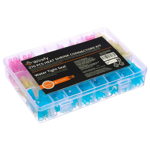 All In One Heat Shrink Wire Connectors Kit For Marine And Auto Use with 270 pcs in clear box displaying assorted connectors