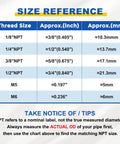 Size reference chart for Two Pack Push To Connect Fittings Five Sixteenth Inch Tube One Quarter Inch NPT Female Nickel Plated Brass