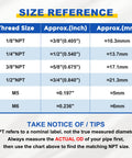 Size reference chart for Six Pack Push To Connect Pneumatic Fittings 3/8 Inch Tube 1/8 NPT Nickel Plated Brass Straight Female.