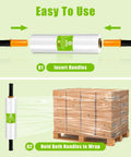 Industrial Strength Plastic Wrap Roll 1000 Ft 60 Gauge 15 Inch Wide Clear Stretch Film With Handles for pallet wrapping displayed.