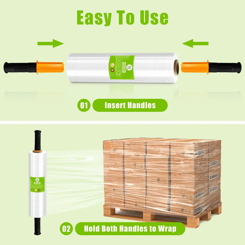 Industrial Strength Plastic Wrap Roll 1000 Ft 60 Gauge 15 Inch Wide Clear Stretch Film With Handles for pallet wrapping displayed.