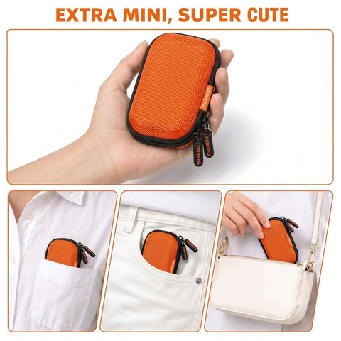 Person holding Solid Orange Mini Hard Shell Earbud Case Portable Rectangle Carrying Pouch, size 4.27x2.55x1.18 inches.