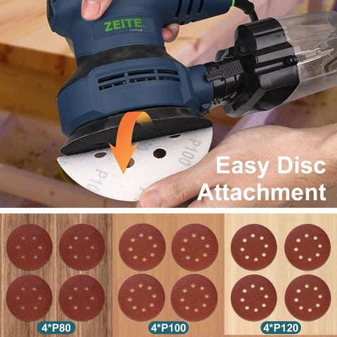 Powerful 3 Amp Random Orbital Palm Sander With Variable Speed From 5000 To 12000 OPM Cyclonic Dust Box Vacuum Adapter And Comes With 12 Pack 5 Inch Sandpapers For A Slick Finish showing easy disc attachment and sandpapers