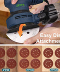 Beast Of A 5 Inch Corded Random Orbital Sander With 3.0 Amp Motor, Variable Speed 12000 OPM, shown with sanding discs