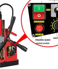 Close-up of Heavy Duty Mag Drill Press Powerful Electric Magnetic Drill Machine With 11000N Suction showing control panel and switches.