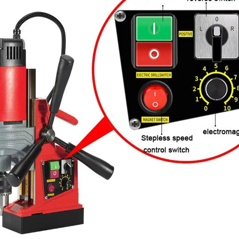 Close-up of Heavy Duty Mag Drill Press Powerful Electric Magnetic Drill Machine With 11000N Suction showing control panel and switches.