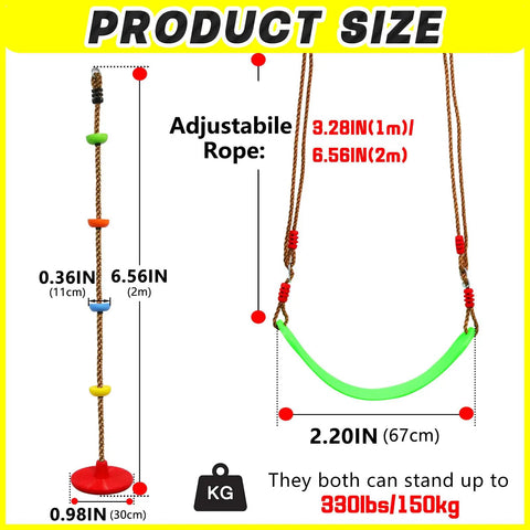 Two Pack Multicolor Rope Swing Set with Red Disc Seats and Platform Swing, adjustable rope, dimensions, and weight capacity displayed