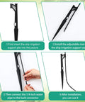 Installation steps of 25 Pack Drip Irrigation Stakes With 180 Degree Wing Spray Emitters And One Quarter Inch Barbed Inlet Sprinkler Extension Risers For Garden Watering System, 13 Inch Adjustable Stakes, Green, showing connecting and installing process.