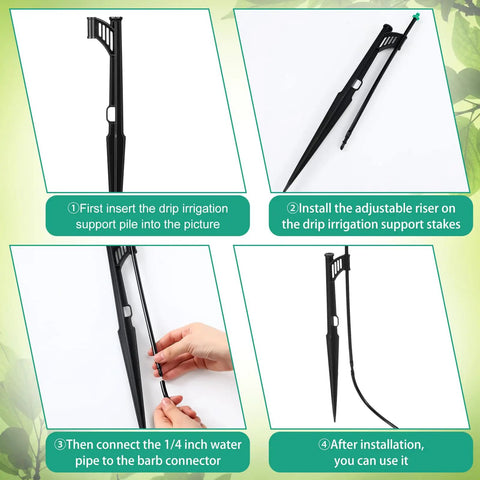 Installation steps of 25 Pack Drip Irrigation Stakes With 180 Degree Wing Spray Emitters And One Quarter Inch Barbed Inlet Sprinkler Extension Risers For Garden Watering System, 13 Inch Adjustable Stakes, Green, showing connecting and installing process.