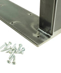 Close-up of Rustic Industrial Style Metal Table Legs with H Style Frame, showing mounting plate and screws, satin clear coat finish.