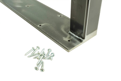 Close-up of Rustic Industrial Style Metal Table Legs with H Style Frame, showing mounting plate and screws, satin clear coat finish.