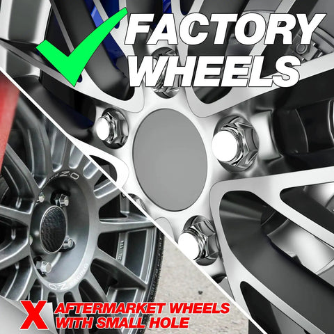 Comparison of factory wheels and aftermarket wheels showing M14x1.5 Lug Nuts For Ford F150 2015 To 2023 Expedition And Lincoln Navigator