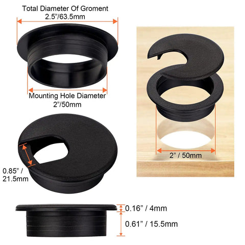 20 Pack 2 Inch Round Plastic Desk Grommets Black Cable Hole Covers PC Desk Cables Wire Management Office Desks TV Stands Tabletops Durable Pro Grade Easy Install, 2-inch black ABS grommet dimensions