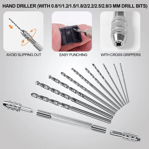 108 Piece Model Tools Kit For Modelers And Hobbyists with hand driller and precision drill bits for detailing and finishing projects