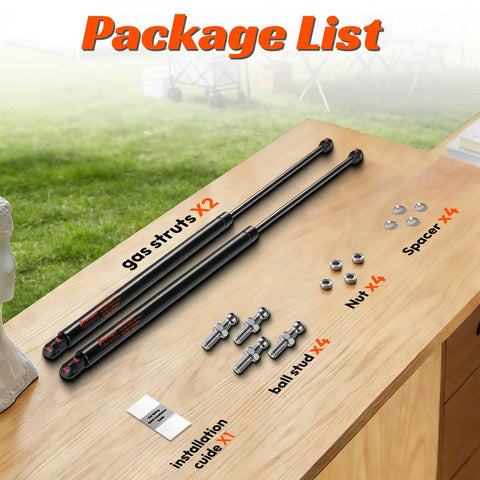 Package list showing Heavy Duty 27 Inch Gas Struts 45 Lbs For Truck Tonneau Cover, 2 Pack solid lift supports and installation components.