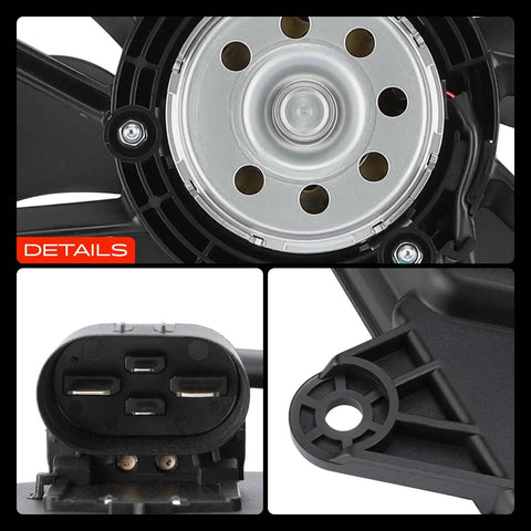 Direct Replacement Engine Radiator Cooling Fan Assembly For Buick Encore And Chevrolet Trax Inline Four Motor showcasing detailed motor and plug design.