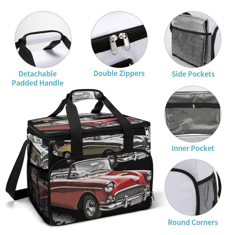 Insulated Picnic Backpack Tote 30L Large Capacity Cooler Bag with car design, features double zippers, detachable handle.