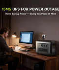 Man using R1500 LITE Solar Generator With 1056Wh LiFePO4 Battery And 100W Foldable Solar Panel, powering a computer indoors.