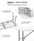 Assembly steps for Six Foot Folding Table For Indoor Outdoor Use with Smooth HDPE Top and Sturdy Gray Frame in three simple steps.