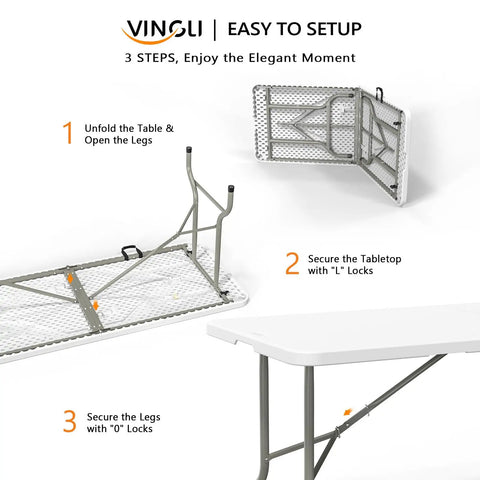 Assembly steps for Six Foot Folding Table For Indoor Outdoor Use with Smooth HDPE Top and Sturdy Gray Frame in three simple steps.