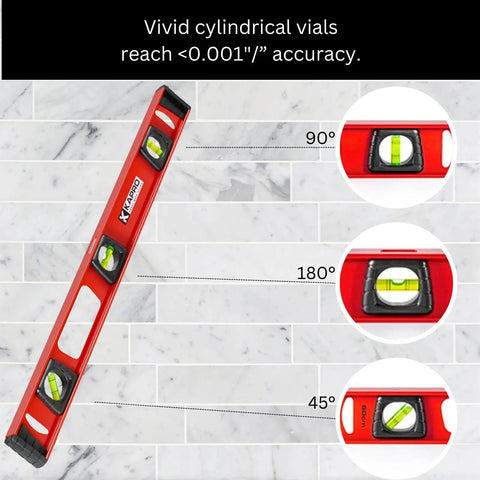 Twenty Four Inch I Beam Level Featuring Rock Solid Aluminum Frame And Vivid Cylindrical Vials For Dead On Horizontal And Forty Five Degree Checks Plus Sturdy Side Handles With Heavy Duty Rubber Bumpers