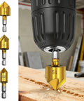 Three Piece Countersink Drill Bit Set With Hex Shank For Metal Hole Edge Prep Includes One Half Inch Five Eighth Inch And Three Quarter Inch Chamfer Bits In Gold Finish Multi Size Chamfer Tooling For Precise Fast Holes in use on wood