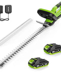 Ultra Light 20V Cordless Hedge Trimmer with 24 inch blade, dual 2.0Ah batteries, fast charger, and rotating handle shown
