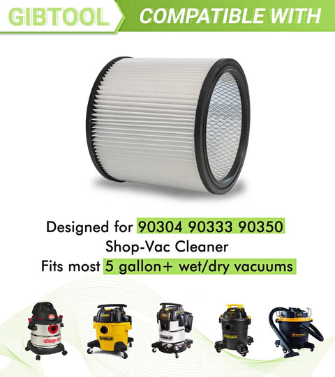 Two Pack 90304 Replacement Vacuum Filters for 90350 90333 903-04-00 and Most 5 Gallon Plus Wet Dry Vacuums, shown with vacuum models