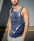 Men's Fly Slim Fit All Over Print Compression Tank Top Featuring Cold Tone Mechanical Square Tech Design And Breathable Moisture Wicking Fabric For Gym Grinds model wearing it outdoors.