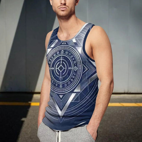 Men's Fly Slim Fit All Over Print Compression Tank Top Featuring Cold Tone Mechanical Square Tech Design And Breathable Moisture Wicking Fabric For Gym Grinds model wearing it outdoors.
