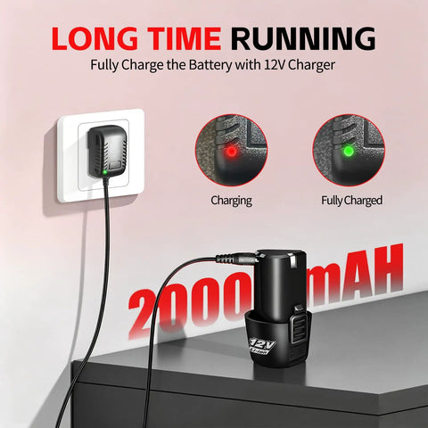 Powerful 12V Cordless Drill Driver Kit quick charge battery plugged in with charging indicator lights