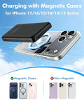 Ultra Slim Magnetic Portable Charger For Smartphones 5000mAh Power Bank connected wirelessly to iPhone with magnetic case.