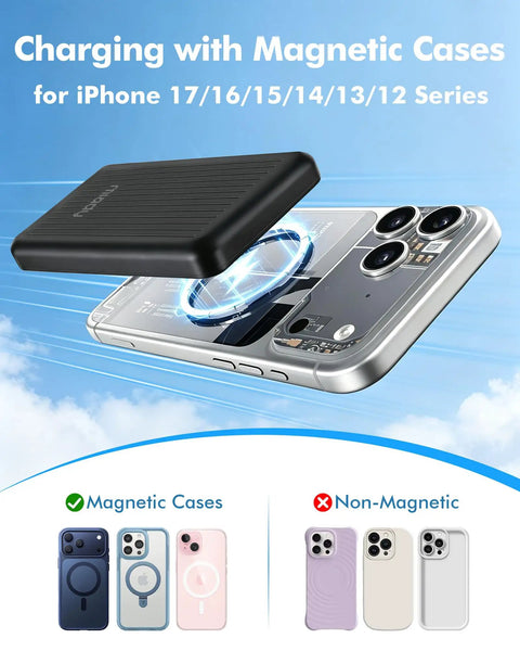 Ultra Slim Magnetic Portable Charger For Smartphones 5000mAh Power Bank connected wirelessly to iPhone with magnetic case.