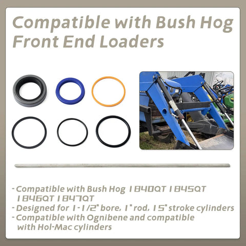 Bucket Cylinder Hydraulic Seal Kit For Bush Hog Front End Loaders 1840QT 1845QT 1846QT 1847QT Replacement Gasket Set, 1-1/2 bore 1 rod 15 stroke