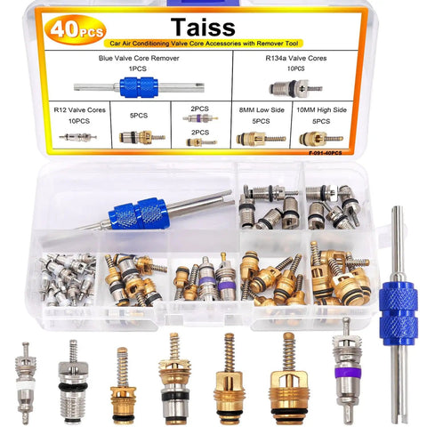 Car AC Repair Kit With 270 O Ring Seals And 40 Valve Core Set Plus Remover Tool for R12 R134a refrigerant systems displayed openly